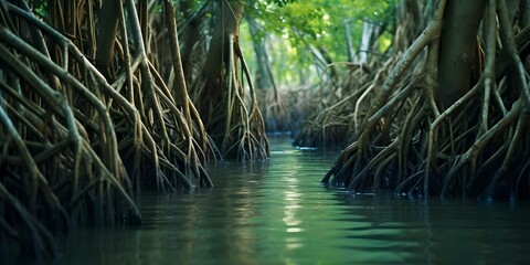 Exploring the Unique Ecosystem of Mangrove Swamps Twisted Roots and Murky Waters Teeming with Life. Concept Mangrove Swamps, Ecosystem, Twisted Roots, Murky Waters, Teeming with Life