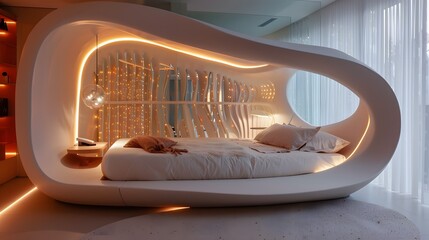 Fototapeta premium Modern and futuristic bedroom design with an integrated oval-shaped bed frame illuminated by ambient lighting 