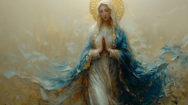 Serene depiction of the Virgin Mary, adorned in flowing robes with a golden halo, hands clasped in prayer, exuding divine grace and tranquility in a beautifully textured and luminous painting.