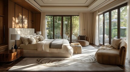 A luxurious and modern bedroom interior bathed in natural light with a cozy, elegant design featuring a large bed and floor-to-ceiling windows looking out to a serene garden. 