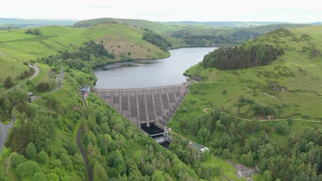 Aerial view of the Llyn Clywedog Dam in Central Wales 