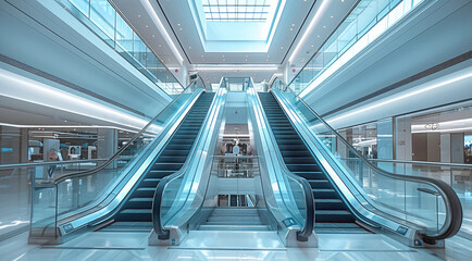An escalator in the lobby of a large shopping center, with white walls and glass panels and metal railings, there will be various shops on different floors. Generative AI.