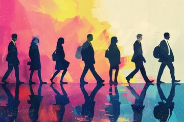 Successful people walking near a painted wall. Column of business people going to work in the city