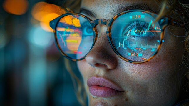Close-up of a woman's face with cryptocurrency charts reflected in her glasses. The image captures intense focus and analysis, highlighting the digital and financial aspects of modern trading.