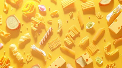 Dry pasta mix isolated on yellow background. Various uncooked pasta on yellow background.
