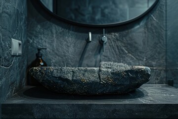 Closeup of a luxurious bathroom featuring a wooden vanity with a natural stone vessel sink