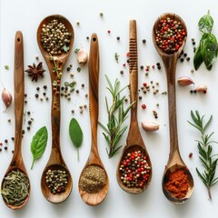 Kitchen utensil with herbs and spices at kitchen table. Top view. Generative AI.