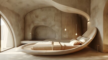 Modern minimalist bedroom with curvilinear shapes, warm neutral tones, and suspended pendant lights for a cozy atmosphere. 