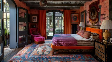 Bohemian style bedroom with vibrant colors and eclectic decor featuring a large bed, patterned rug, and unique furniture pieces.