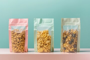Transparent ziplock bags with several types of cereals isolated on a light blue background