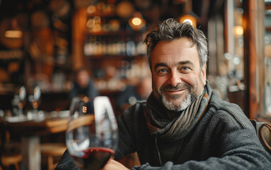 Mature man with a content smile, holding a glass of red wine, sitting at an atmospheric bar with warm lighting