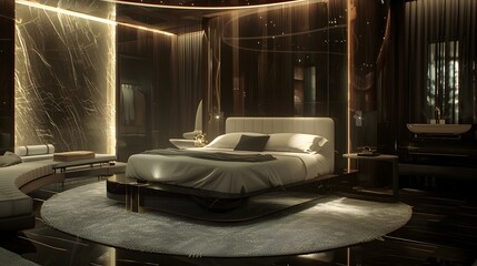 Luxurious modern bedroom with elegant interior design and soft lighting accents for a cozy atmosphere. 