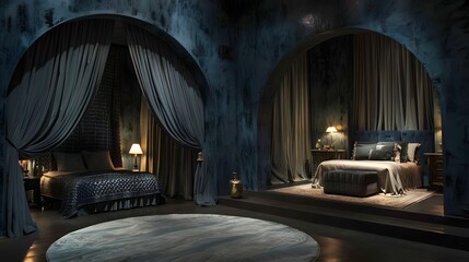 Elegant and luxurious bedroom interior with dim lighting and rich textures exuding sophistication and comfort.