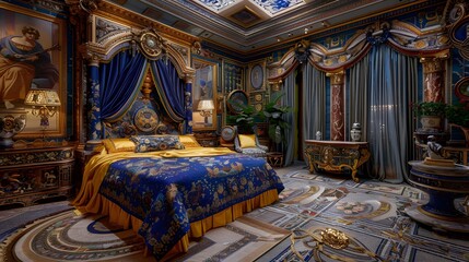 Obraz premium Opulent baroque style bedroom with luxurious furnishings and rich blue and gold colors, exuding grandeur and elegance. 