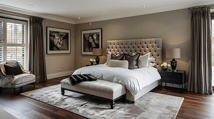 Fototapeta premium Elegant master bedroom with neutral tones and luxury decor showcasing sophisticated interior design.