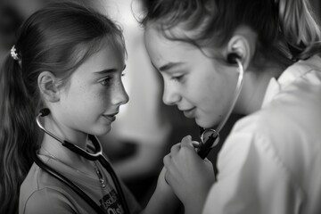 A little girl and woman with a stethoscope. Healthcare. Medical Professional with Stethoscope