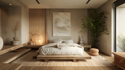 Modern and serene bedroom interior with a neutral color palette and minimalist design evoking tranquility and luxury. 