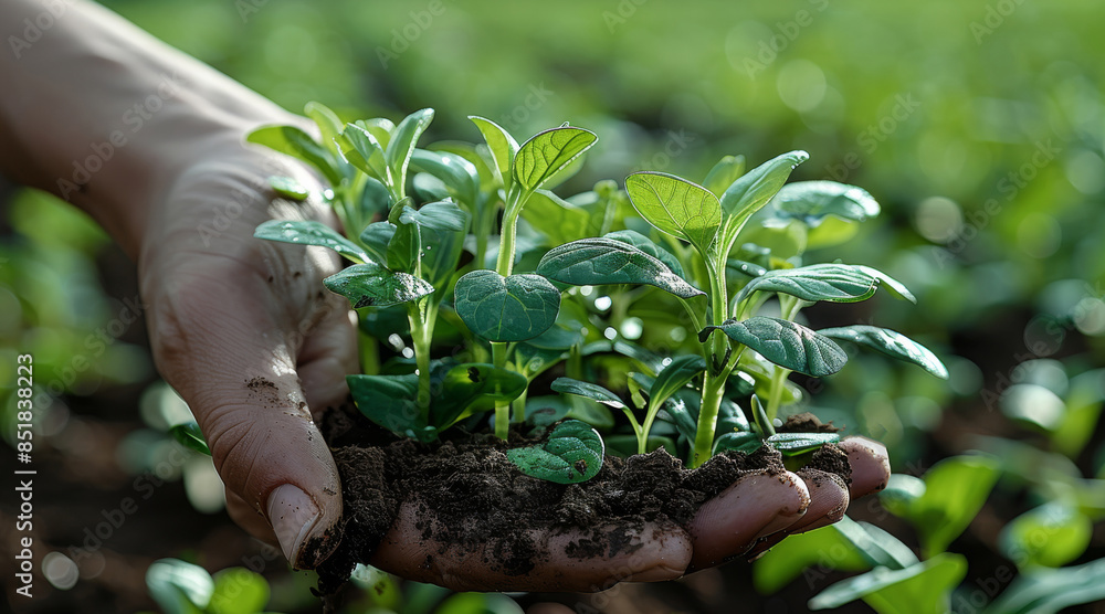 Poster a hand hold dark moist soil with water spinach on it, orchard background. generative ai.