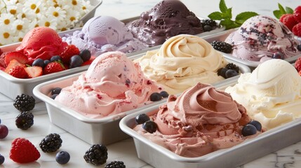 Delight in a scrumptious assortment of ice cream flavors, beautifully garnished with fresh, colorful berries for a burst of flavor