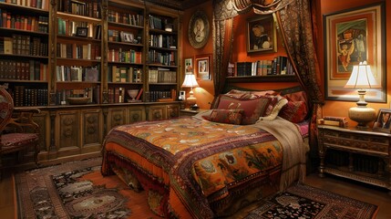 Cozy and sophisticated bedroom with classic wooden furniture, rich textiles, and a wall of bookshelves evokes a warm, luxurious atmosphere.
