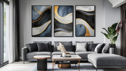 Abstract Modern Art, Three anonymous paintings on canvas with golden lines, wall art for home decor, three panel vertical painting set
