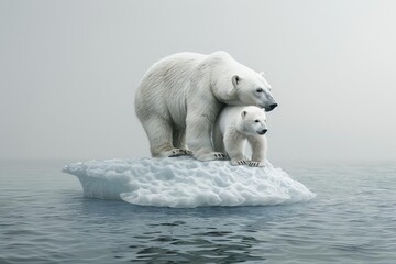 Polar bear and her cub on a melting iceberg, highlighting the importance of protecting endangered species and their habitats, Photorealistic, Emotional