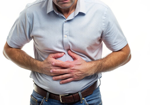 Man showing stomach pain isolated on white background, illness concept