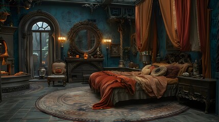 An opulent and moody vintage bedroom interior with rich textures and elegant furnishings set in a...