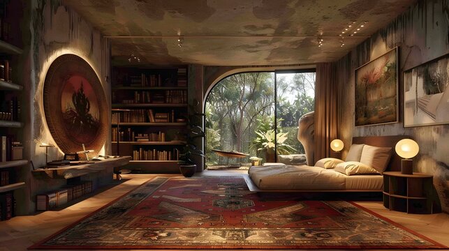 Cozy modern living room with a bohemian flair, featuring a large window with a forest view and eclectic decorations 