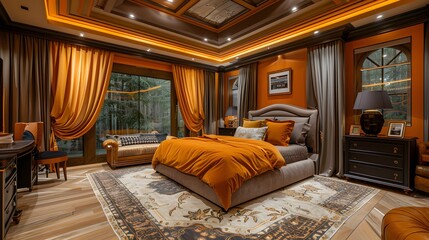Fototapeta premium Luxurious bedroom interior with elegant furniture and warm lighting creating a cozy atmosphere.
