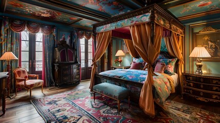 An opulent bedroom with a four-poster bed, richly patterned textiles, and antique furniture, exuding luxury and vintage charm. 