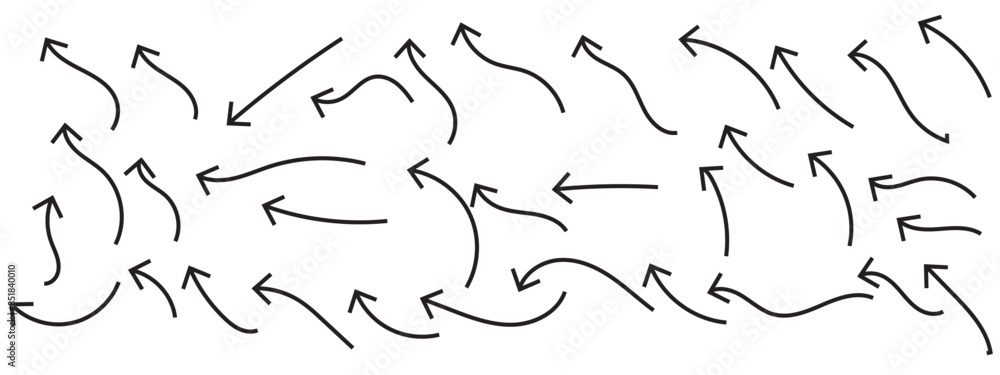 Poster set of vector curved arrows hand drawn. sketch doodle style. collection of pointers.
