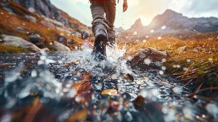 "Adventurous Man Enjoying Mountain Trek: Water Splashing onto Foot - High Definition Captivating Outdoor Moment"