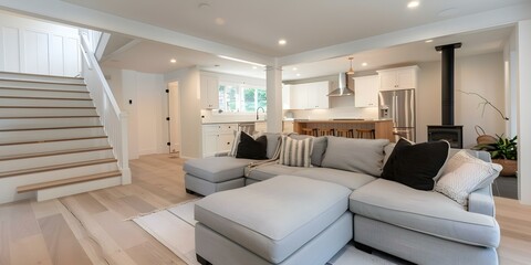 Scandinavian Basement Transformation Cozy Lounge with Sectional Sofa, Wood Stove, and Neutral Tones. Concept Basement Renovation, Cozy Lounge, Sectional Sofa, Wood Stove, Neutral Tones