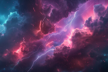 Fototapeta premium dramatic scene with vivid lightning bolts cutting across colorful storm clouds, intense and vibrant, monitor