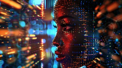 Vibrant digital pixel hologram  realistic image of black woman s face amid glowing data streams