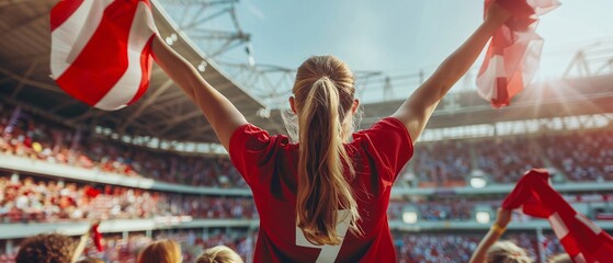 Denmark football supporter fans cheering with confetti watching soccer match event at stadium - Young people group with red t-shirts having excited fun on sport european championship concept