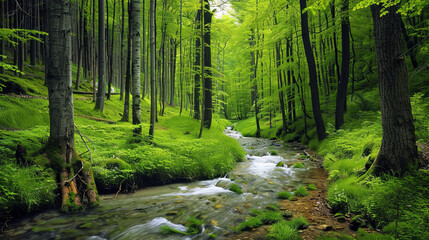 Obraz premium River winding through the woods in summer