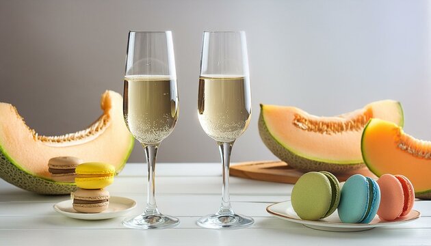 two glasses of aromatic golden vintage white wine, three pieces of ripe tasty malon with seeds and sweet six macaroons on background of light color table and wall