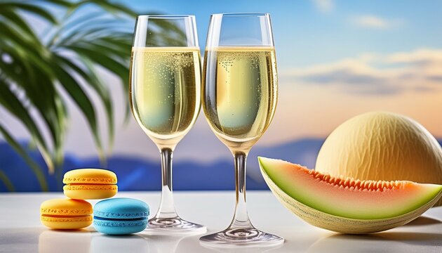 two glasses of aromatic golden vintage white wine, ripe tasty malon with seeds and sweet three macaroons on background of landscape, tree and blue sky