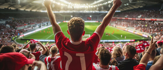Denmark football supporter fans cheering with confetti watching soccer match event at stadium - Young people group with red t-shirts having excited fun on sport european championship concept