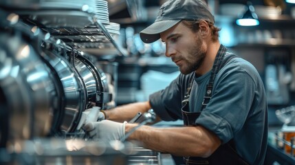 Appliance repair technician working in kitchen. Generative AI.