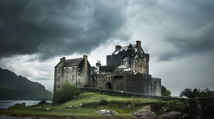 Fototapeta premium Majestic Castle in Muted Grey Tones Under Stormy Sky - Historical Photography with Dramatic Lighting