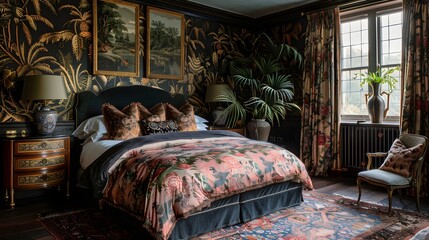 Elegant vintage-style bedroom with ornate wallpaper and luxurious furnishings symbolizing comfort and style. 