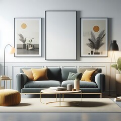 A living room style interior set design with a mockup poster empty white and with a couch and a coffee table Vibrant creative optimized professional.