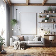 A living room style interior set design with a mockup poster empty white and with a couch and a desk Vibrant unique professional.