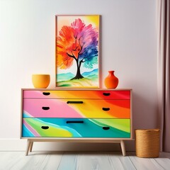 Transform Your Space: A Room with a Colorful Dresser and Stunning Art"