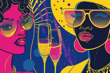 Two stylish women in bold sunglasses and vibrant outfits, toasting with glasses, set against a colorful, abstract background.