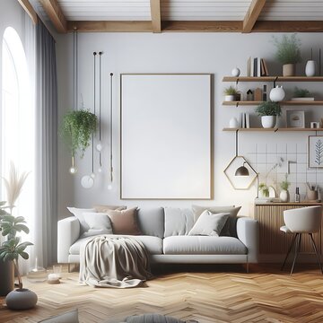 A living room style interior set design with a mockup poster empty white and with a couch and a desk Vibrant unique professional.