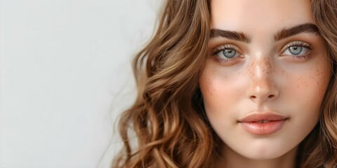Fototapeta premium Elegant Brunette with Curled Hair and Timeless Makeup Emphasizing Her Natural Beauty. Concept Portraiture, Classic Beauty, Glamorous Hairstyle, Timeless Makeup